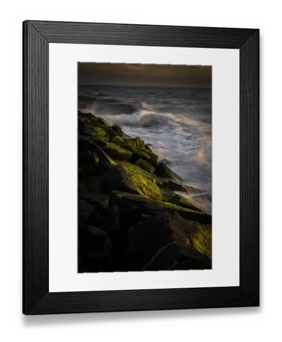 Framed Print : USA, New Jersey, Cape May National Seashore. Sunset on ocean and rocky shore Framed Print : USA, New Jersey, Cape May National Seashore. Sunset on ocean and rocky shore