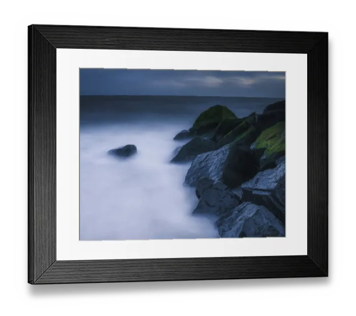 Framed Print : USA, New Jersey, Cape May National Seashore. Waves breaking on rocks at sunset