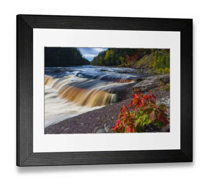 Framed Print : USA, Michigan. Fall colors at Presque Isle River waterfall on the south shore of Lake