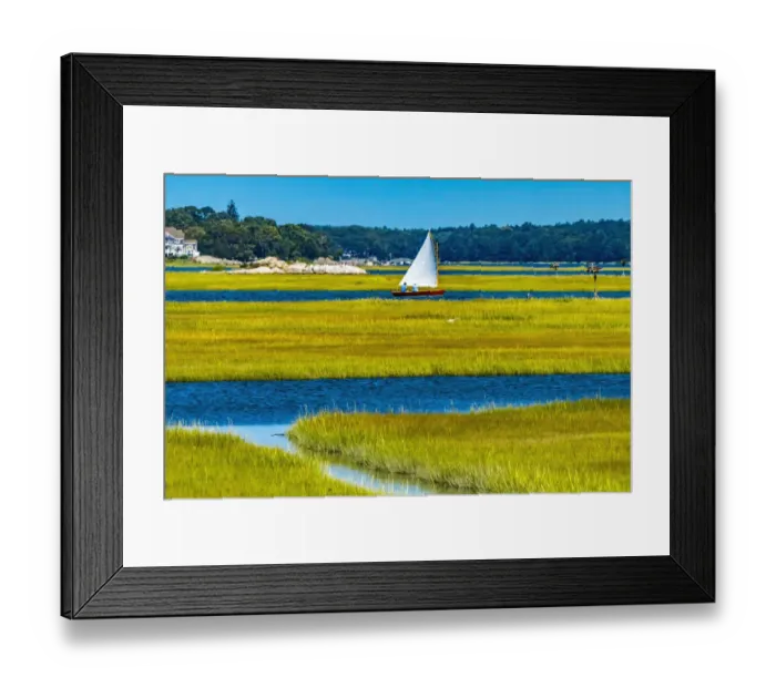 Framed Print : Colorful sailboat, Westport, Massachusetts. Osprey nests, marshland Framed Print : Colorful sailboat, Westport, Massachusetts. Osprey nests, marshland