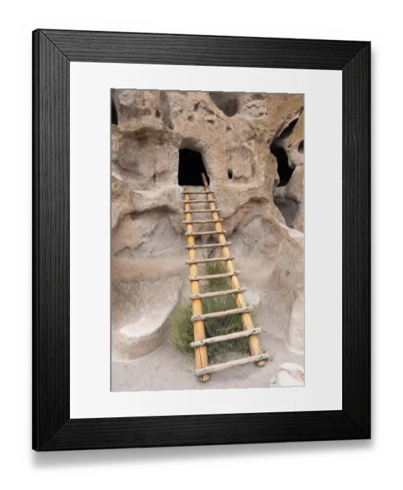 Framed Print : USA, New Mexico. Bandelier National Monument, Ladder leads to entrance in dwelling carved Framed Print : USA, New Mexico. Bandelier National Monument, Ladder leads to entrance in dwelling carved
