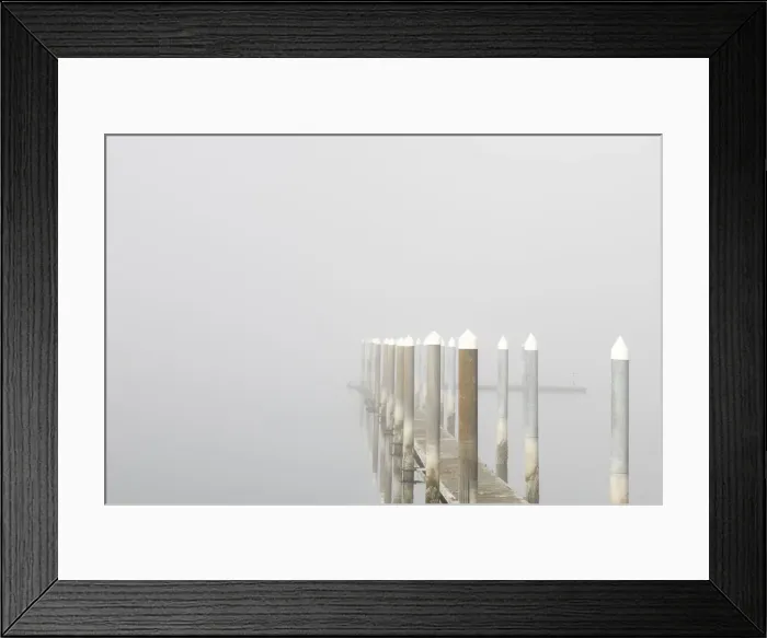 Framed Print : USA, Washington State, Seabeck. Marina walkway in fog