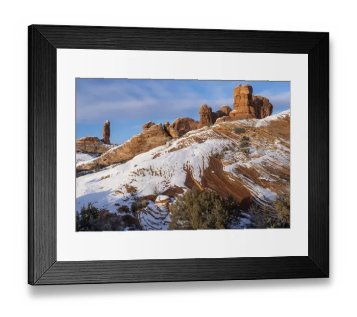 Framed Print : USA, Utah. Spires in the snow, Garden of Eden, Arches National Park
