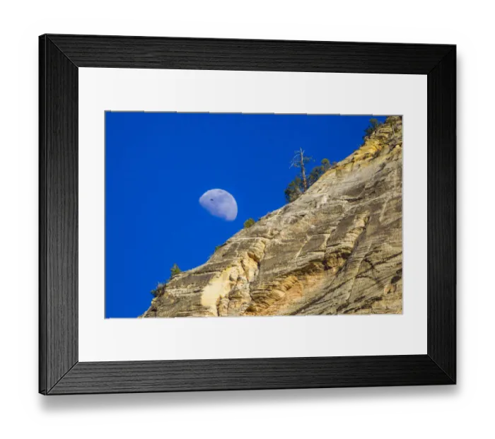 Framed Print : USA, Utah, Partial moon appears near the sandstone cliffs of Zion National Park Framed Print : USA, Utah, Partial moon appears near the sandstone cliffs of Zion National Park