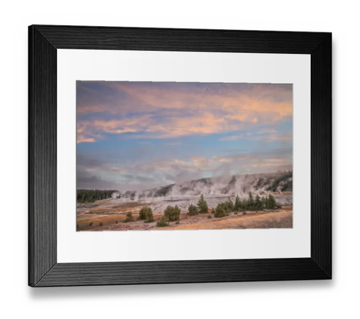 Framed Print : Sunrise view of Upper Geyser Basin and steaming geysers, Upper Geyser Basin