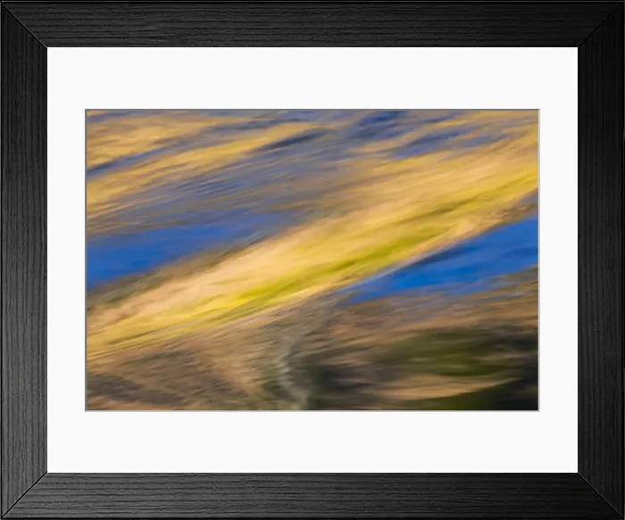 Framed Print : Abstract reflection of blue sky and autumn gold on flowing water, Canary Spring