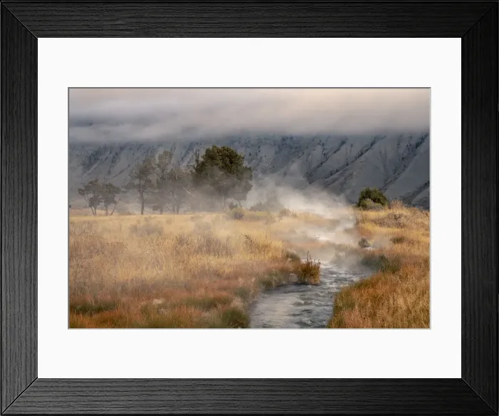 Framed Print : Small steaming hot spring running through meadow of golden autumn grasses, Canary Spring