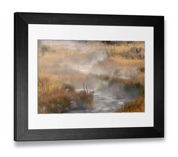 Framed Print : Small steaming hot spring running through meadow of golden autumn grasses, Canary Spring