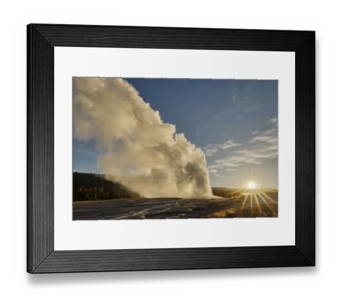 Framed Print : Old Faithful erupting at sunrise, Yellowstone National Park, Montana, USA Framed Print : Old Faithful erupting at sunrise, Yellowstone National Park, Montana, USA