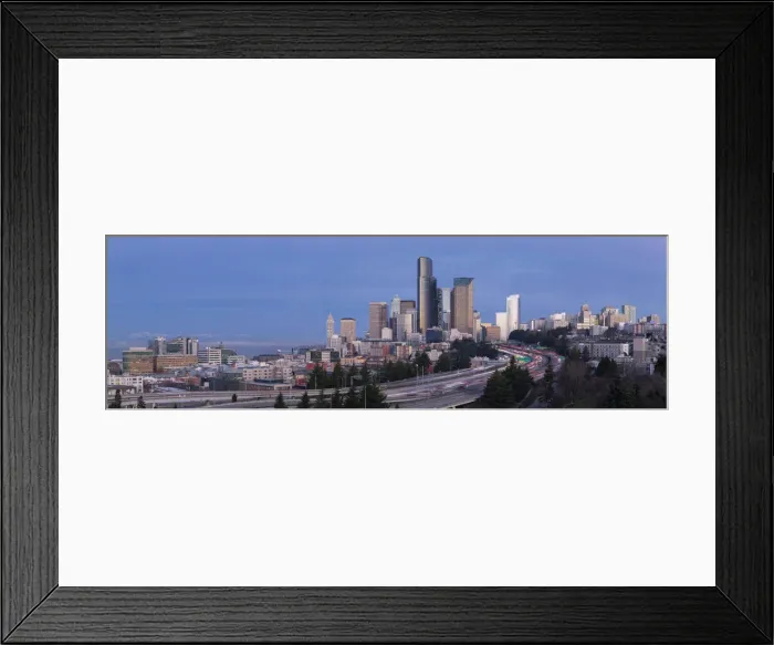 Framed Print : Soft morning light on downtown Seattle with snowcapped Olympic mountains in the distance