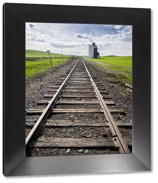 Train tracks and grain elevator in Eastern Washington