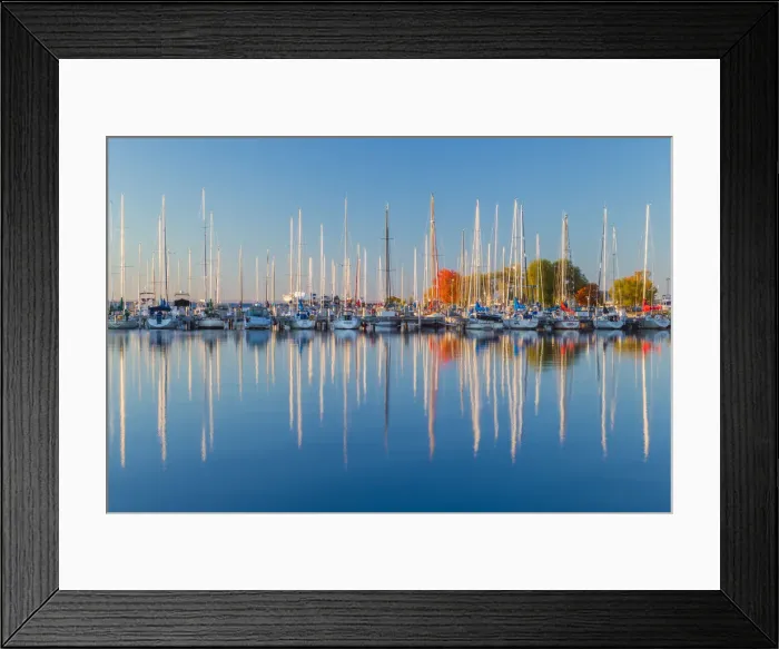 Framed Print : USA, Wisconsin. Panoramic view of Fall colors reflected on the still waters of the harbor Framed Print : USA, Wisconsin. Panoramic view of Fall colors reflected on the still waters of the harbor