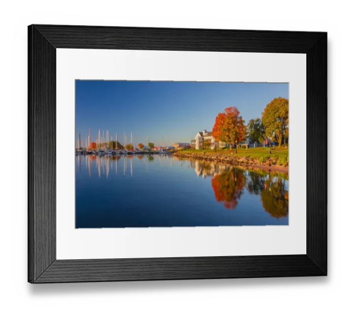 Framed Print : USA, Wisconsin. Fall colors reflected on the still waters of the harbor in Bayfield Framed Print : USA, Wisconsin. Fall colors reflected on the still waters of the harbor in Bayfield