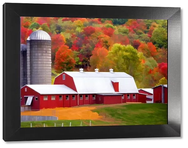 USA, Vermont. Abstract of red barn and silo in autumn