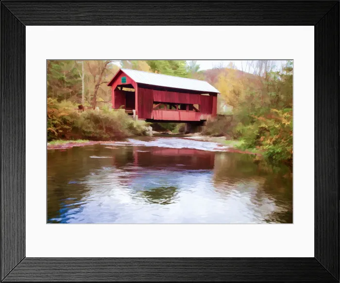 Framed Print : USA, Vermont. Abstract of covered bridge and stream