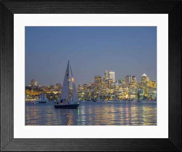 Framed Print : Usa, Washington State, Seattle, downtown skyline and boats on Lake Union at dusk Framed Print : Usa, Washington State, Seattle, downtown skyline and boats on Lake Union at dusk