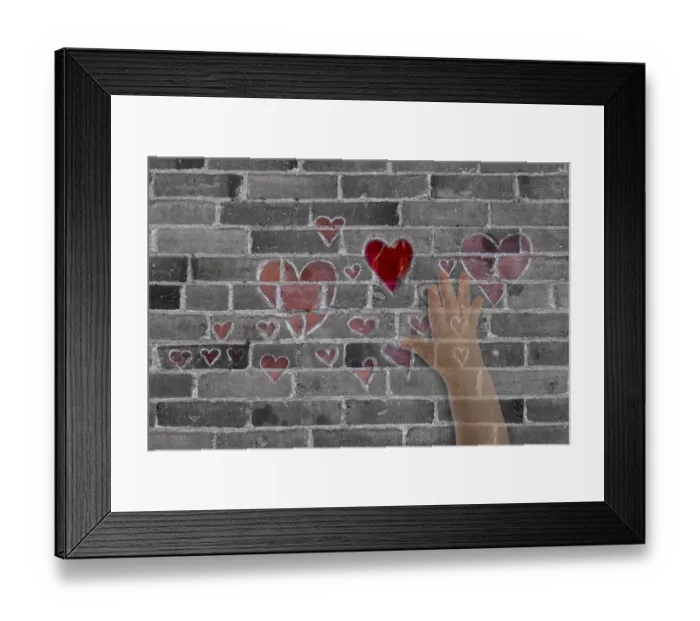Framed Print : Abstract of brick wall with hearts and hand Framed Print : Abstract of brick wall with hearts and hand