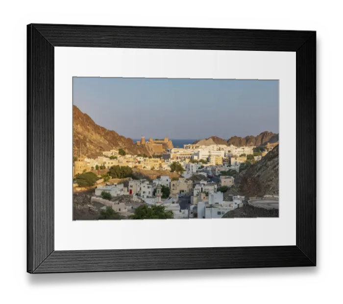 Framed Print : Middle East, Arabian Peninsula, Oman, Muscat. Sunset view of a neighborhood in the hills Framed Print : Middle East, Arabian Peninsula, Oman, Muscat. Sunset view of a neighborhood in the hills
