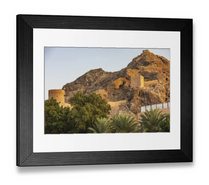 Framed Print : Middle East, Arabian Peninsula, Oman, Muscat. Ancient fort on a mountain above Muscat Framed Print : Middle East, Arabian Peninsula, Oman, Muscat. Ancient fort on a mountain above Muscat