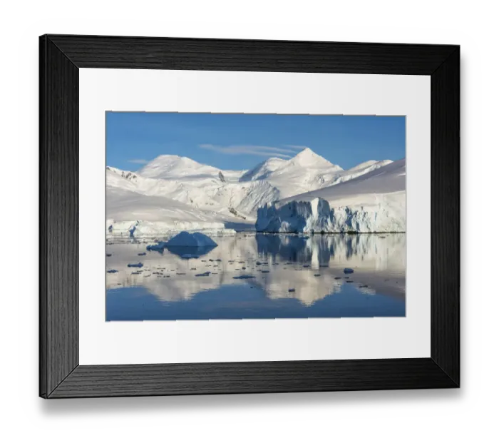 Framed Print : Snow covered island and iceberg with reflection in South Atlantic Ocean, Antarctica