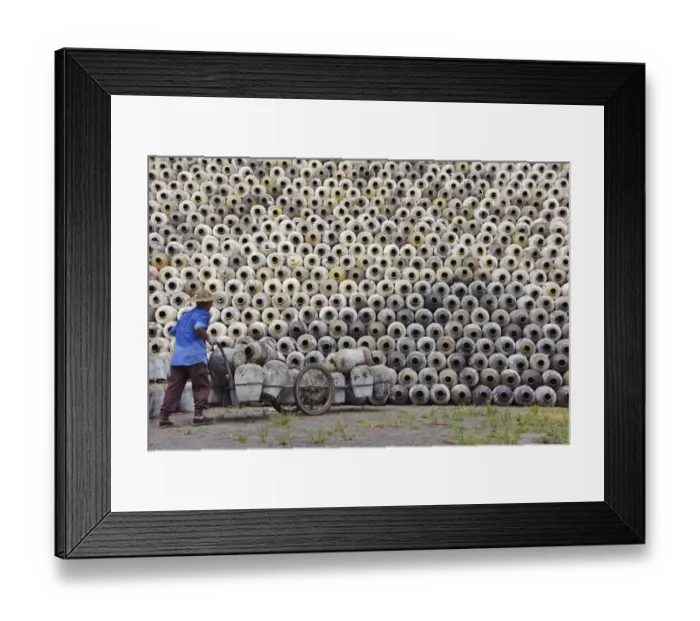 Framed Print : Man pushing cart loaded with wine jars to the big pile in a winery, Zhejiang Province Framed Print : Man pushing cart loaded with wine jars to the big pile in a winery, Zhejiang Province