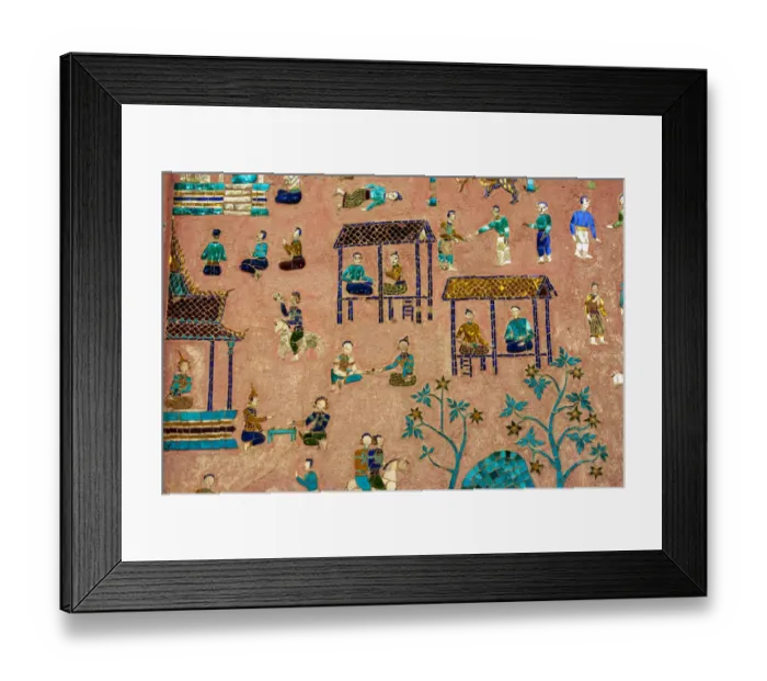 Framed Print : Laos, Luang Prabang. Detail of mosaic decorations depicting people on the side of a