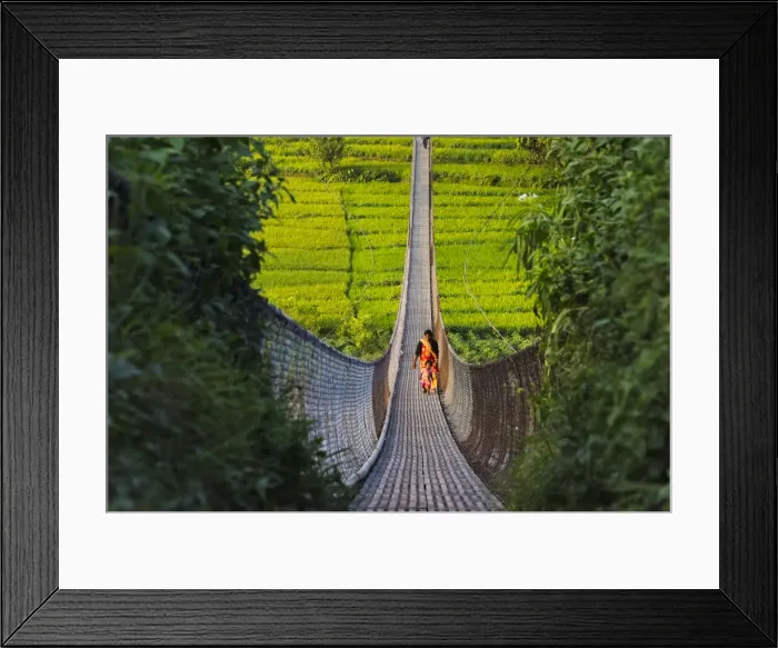 Framed Print : People crossing suspension bridge over Trishuli River, Tupche, Nuwakot District