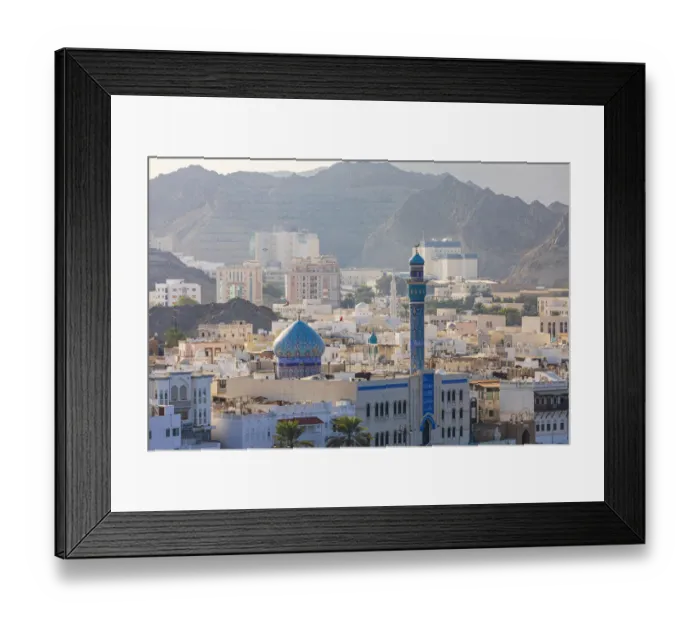 Framed Print : Middle East, Arabian Peninsula, Oman, Muscat, Muttrah. Blue minaret