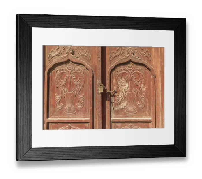 Framed Print : Middle East, Arabian Peninsula, Al Batinah South. Carved wooden door on a building in