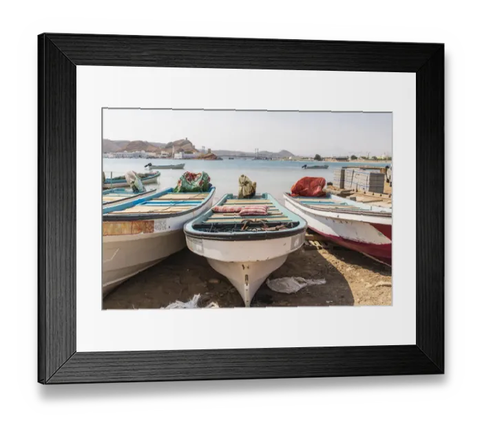 Framed Print : Middle East, Arabian Peninsula, Al Batinah South. Fishing boats on the beach in