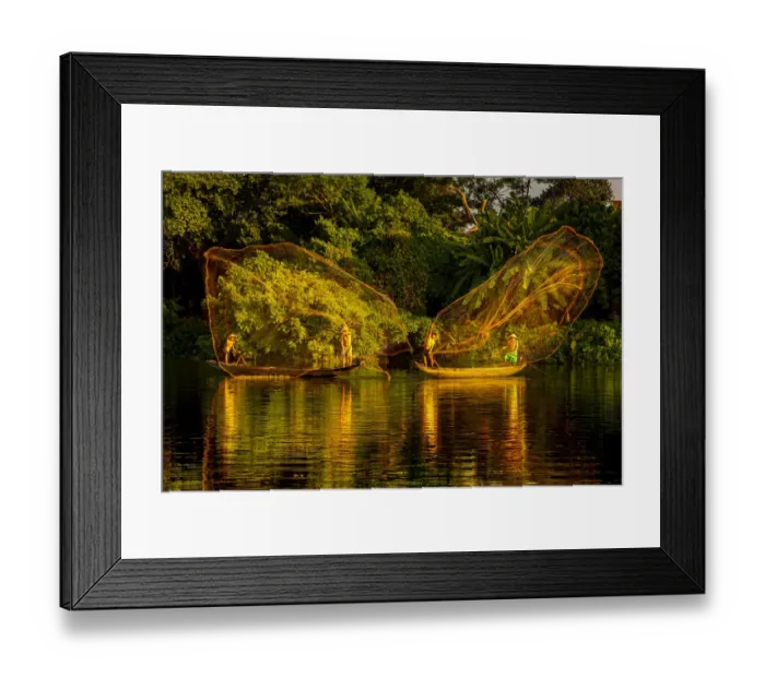 Framed Print : Vietnam. Butterfly net fishing. Fishermen working in complete synchronization
