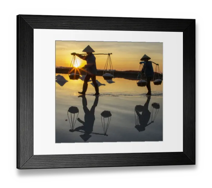 Framed Print : Vietnam. Doc Let Salt lake. Workers harvesting the salt. Early morning sunrise Framed Print : Vietnam. Doc Let Salt lake. Workers harvesting the salt. Early morning sunrise