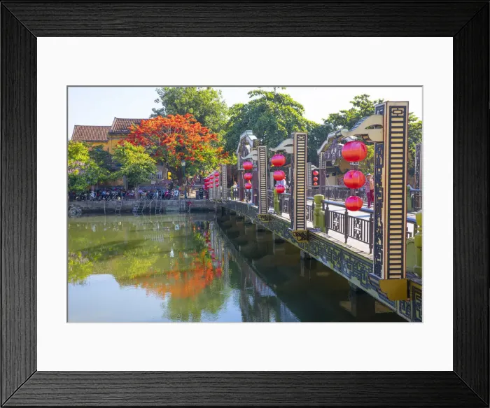 Framed Print : Vietnam. Hoi An bridge over the river with reflections and silk lamps Framed Print : Vietnam. Hoi An bridge over the river with reflections and silk lamps