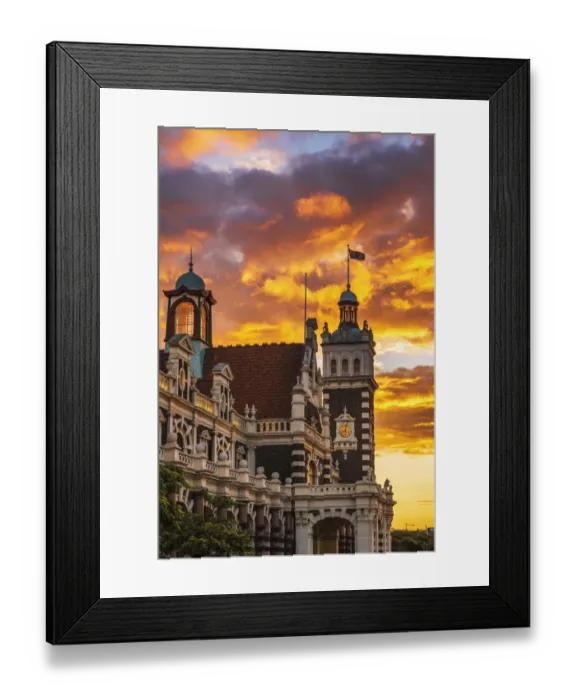 Framed Print : Sunset over the Dunedin Railway Station, Dunedin, South Island Framed Print : Sunset over the Dunedin Railway Station, Dunedin, South Island