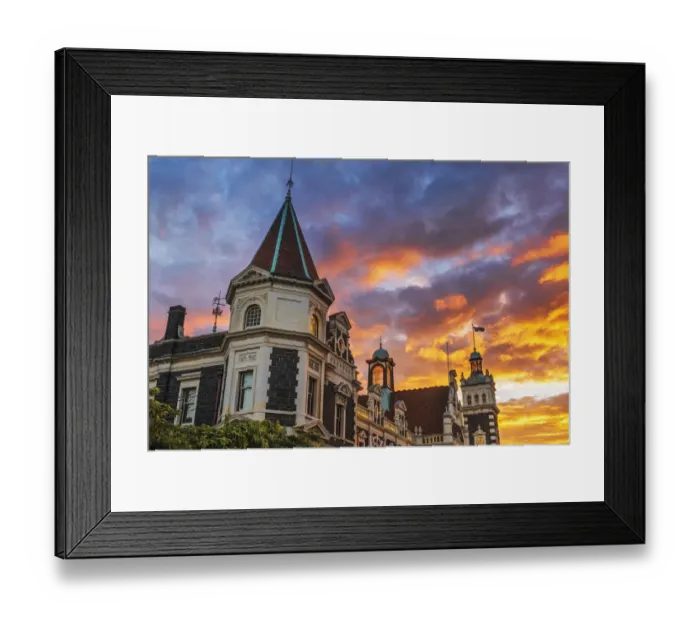 Framed Print : Sunset over the Dunedin Railway Station, Dunedin, South Island Framed Print : Sunset over the Dunedin Railway Station, Dunedin, South Island