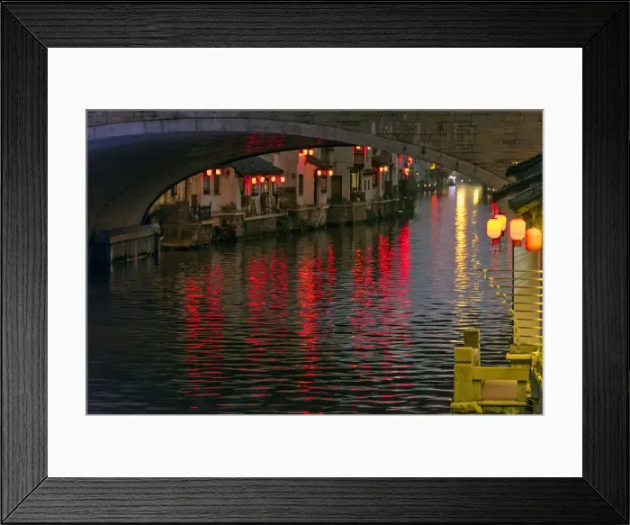 Framed Print : Night view of traditional house and stone bridge on the Grand Canal, Wuxi