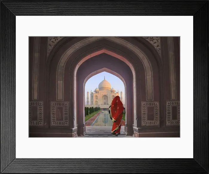 Framed Print : India, Agra, Taj Mahal. Composite of woman in archway facing mausoleum Framed Print : India, Agra, Taj Mahal. Composite of woman in archway facing mausoleum