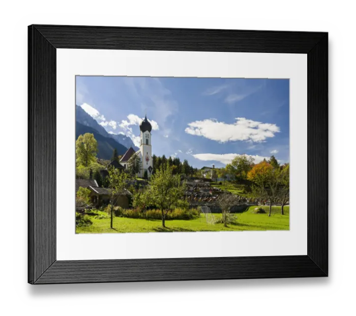 Framed Print : Church St. Johannes der Taufer (John the Baptist), Mount Zugspitze in the background