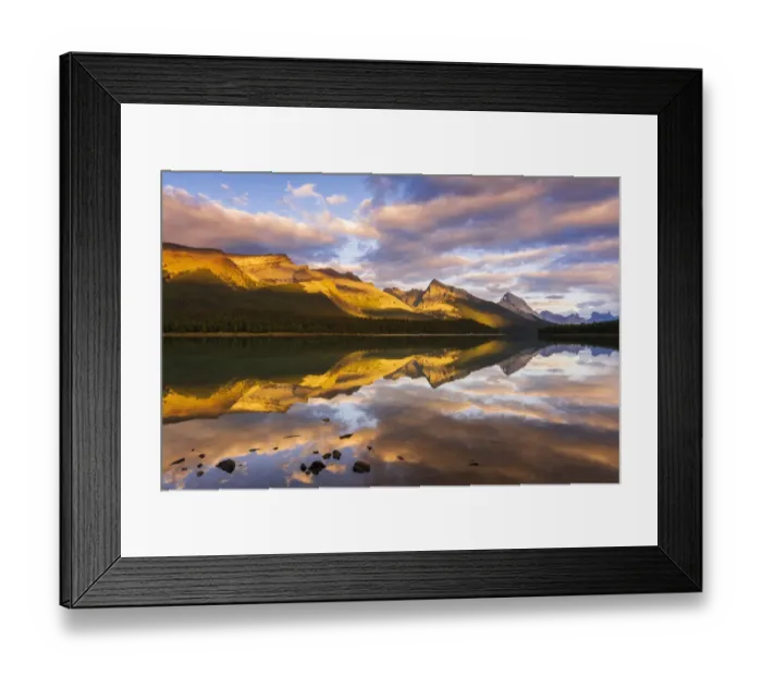 Framed Print : Evening light on Maligne Lake and Sampson Peak, Jasper National Park, Alberta, Canada
