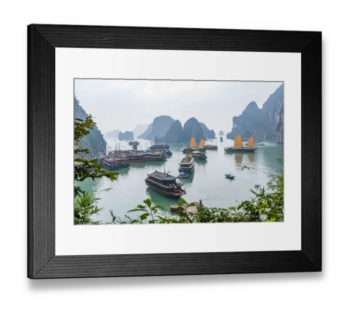 Framed Print : Bay, Vietnam (UNESCO World Heritage Site). Junks in the bay Framed Print : Bay, Vietnam (UNESCO World Heritage Site). Junks in the bay