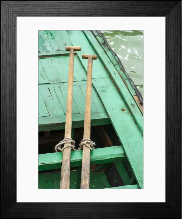 Framed Print : Ha Long Bay, Vietnam (UNESCO World Heritage Site). Close-up of oars on a green boat Framed Print : Ha Long Bay, Vietnam (UNESCO World Heritage Site). Close-up of oars on a green boat