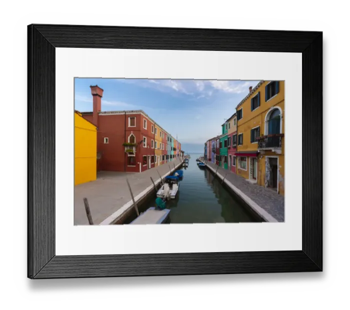 Framed Print : Europe, Italy, Venice. Houses and boats on canal in Burano Framed Print : Europe, Italy, Venice. Houses and boats on canal in Burano