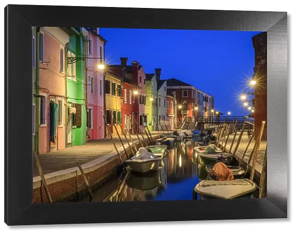 Europe, Italy, Venice. Blue hour on canal in Burano