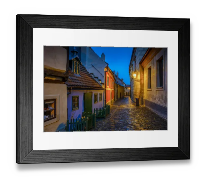 Framed Print : Europe, Czech Republic, Prague. Golden Lane buildings and street at night Framed Print : Europe, Czech Republic, Prague. Golden Lane buildings and street at night