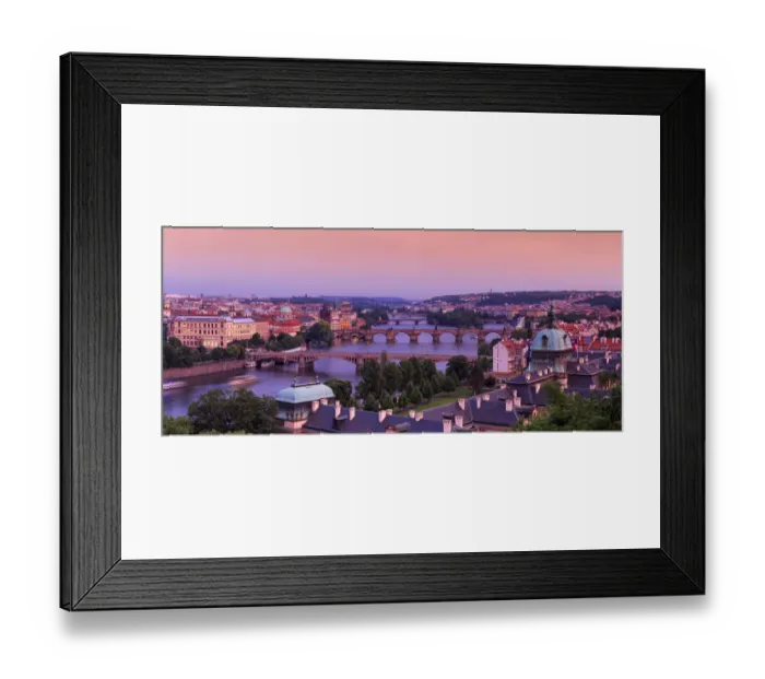 Framed Print : Europe, Czech Republic, Prague. Panoramic overview of Vltava River and bridges