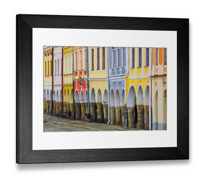 Framed Print : Europe, Czech Republic, Telc. Colorful row of buildings Framed Print : Europe, Czech Republic, Telc. Colorful row of buildings