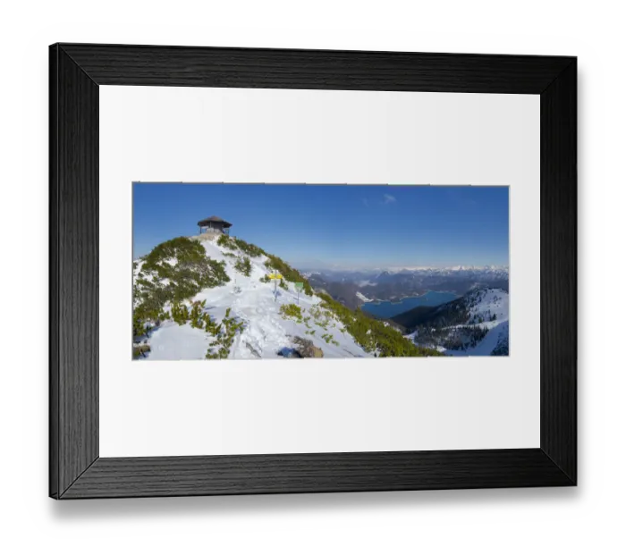Framed Print : Summit of Mt. Herzogstand with pavilion near lake Walchensee during winter in Framed Print : Summit of Mt. Herzogstand with pavilion near lake Walchensee during winter in