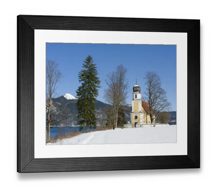 Framed Print : Church Sankt Margareth at Zwergern Spitz. Lake Walchensee near village Einsiedl in Framed Print : Church Sankt Margareth at Zwergern Spitz. Lake Walchensee near village Einsiedl in