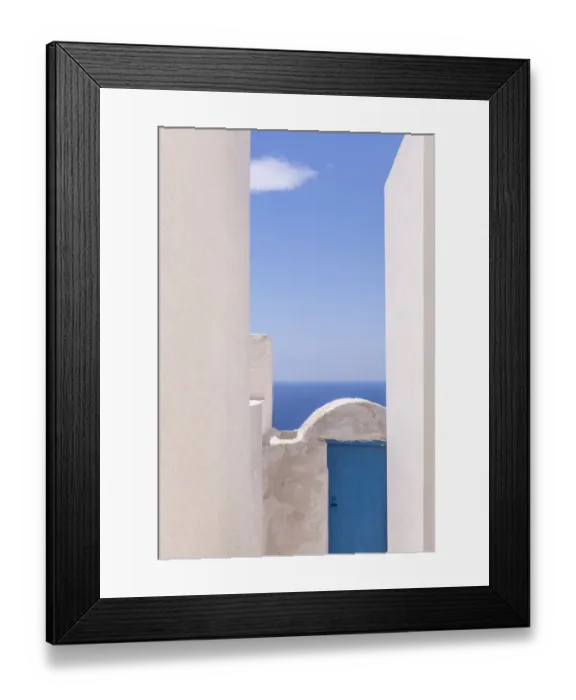 Framed Print : Europe, Greece, Thirasia. White building and blue door and ocean Framed Print : Europe, Greece, Thirasia. White building and blue door and ocean