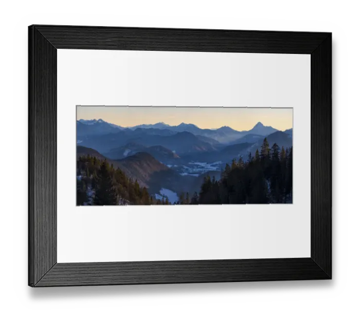 Framed Print : View towards Jachenau, Mt. Jochberg and Mt. Guffert. View from Mt